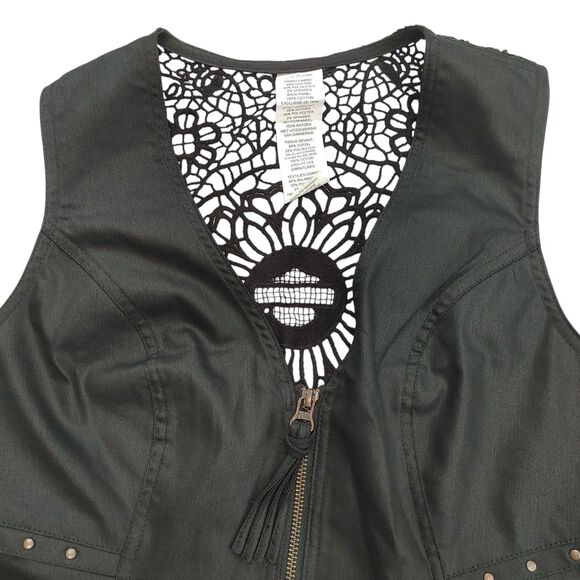 Harley Davidson Women's Black Studded Tassel Zipper Open Crochet Vest Large - Picture 4 of 13
